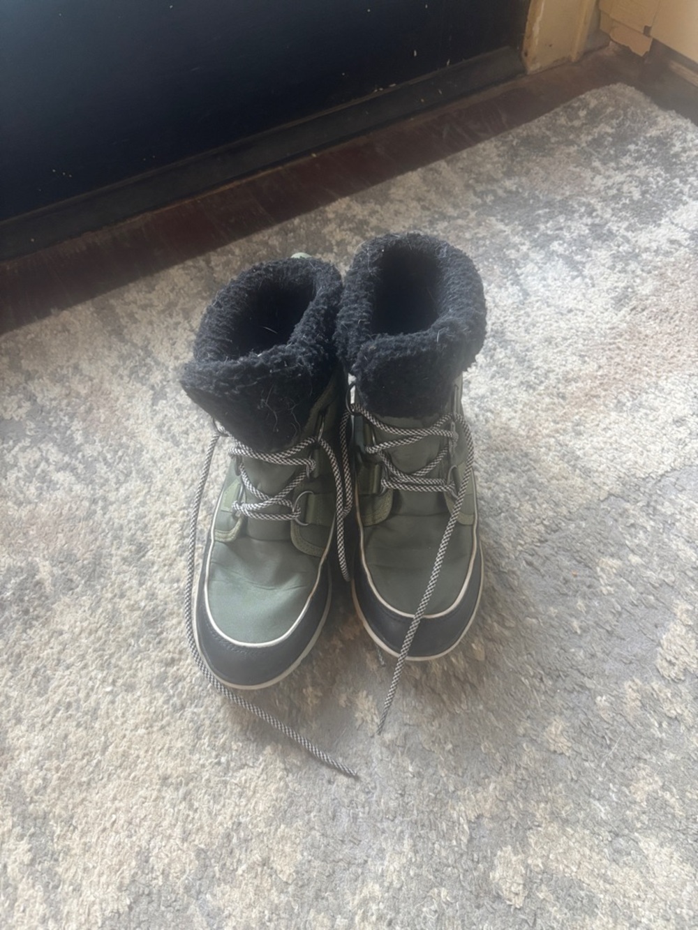 Sorel Olive Green Kids Winter Boots with Black Faux Fur Collar